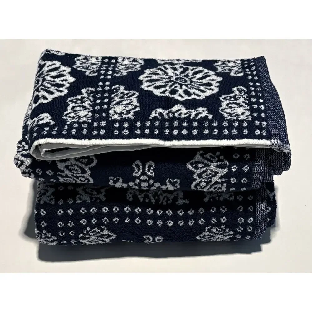 Wrangler Bath Hand Towels Bandana Blue Set Of 3 Pcs Floral White Flowers NWT
